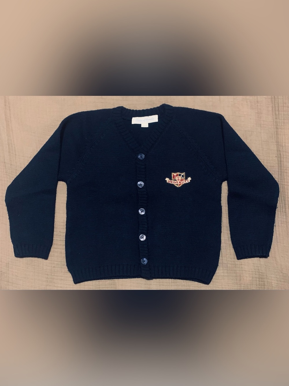 Tartine et Chocolat Navy Button-Up Knit Cardigan with Embroidered Crest